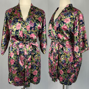 Vintage Lingerie Robe One Size Short Satin Floral Pink Romantic Feminine